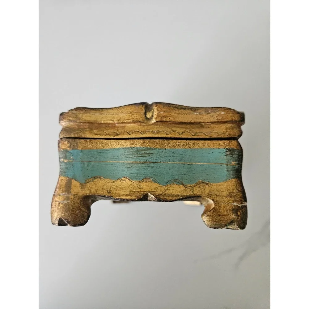 Florentine Jewelry Box Women OS Turquoise Gold Good Italian Wood Gilt Footed VTG - Picture 6 of 8